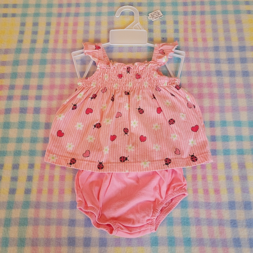LITTLE LINDSEY 🐞 Sweet Vintage 2pc Pink|Black|White Lady Bug Floral Outfit 0-6M
